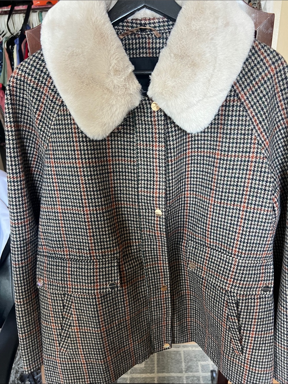 Sanctuary Houndstooth Pea Coat with Rust Windowpane